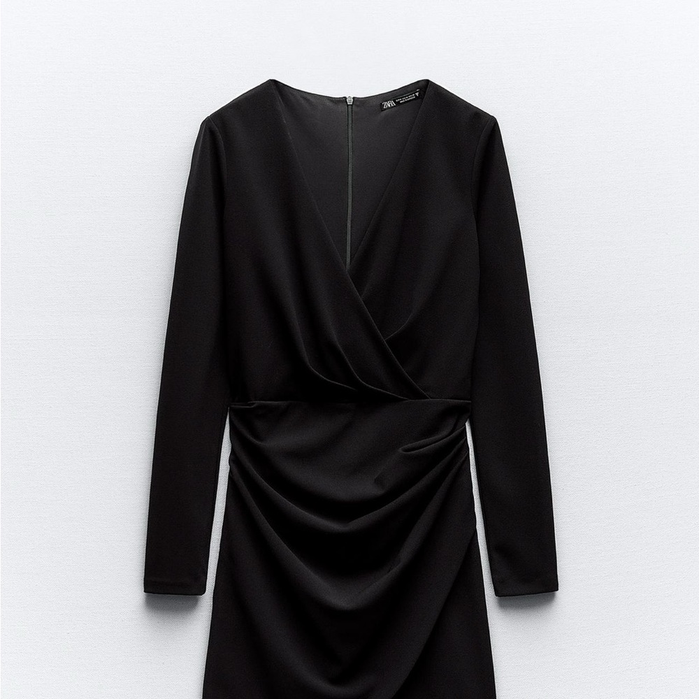 Zara Black Ruched Wrap Long Sleeve Cocktail Dress